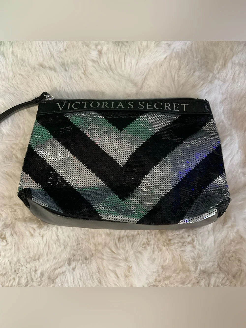 Victoria's Secret Black & Silver Chevron Sequin Makeup Pouch, like new!